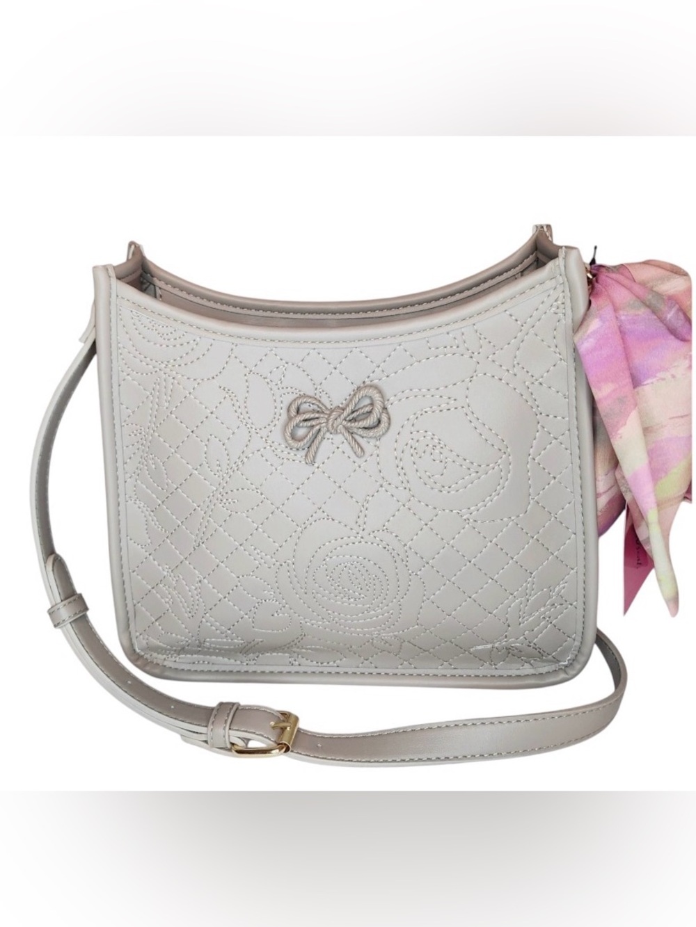Betsey Johnson Light Gray Quilted Crossbody with Pink Scarf